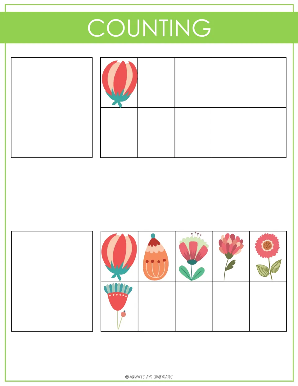 Counting activity sheet 3 shows one flower and a group of six to match with the binder's number cutouts