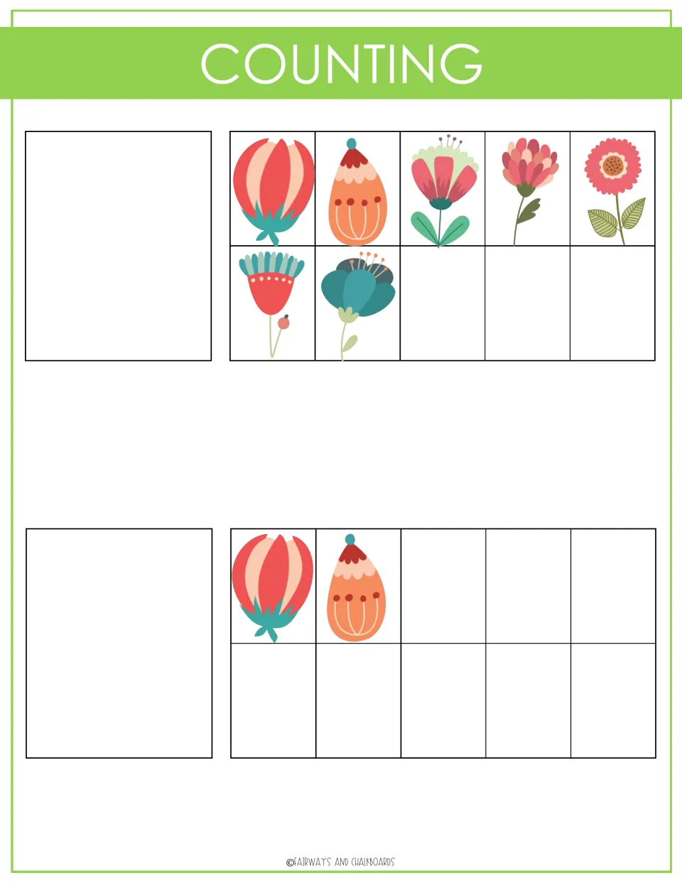 Counting activity sheet 4 shows groups of seven and two flowers to match with the binder's number cutouts