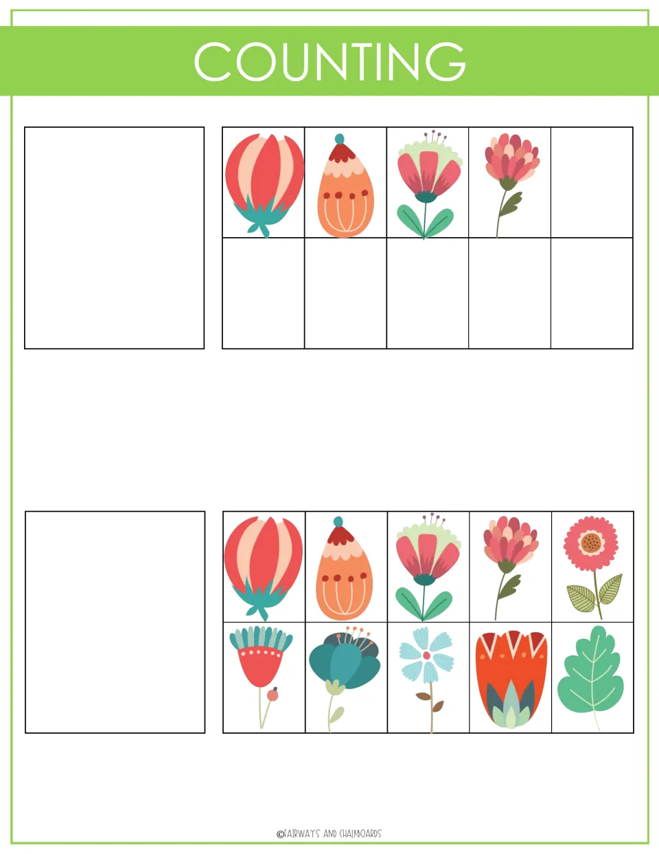 Counting activity sheet 5 shows four flowers and ten plant pictures to match with the number cutouts