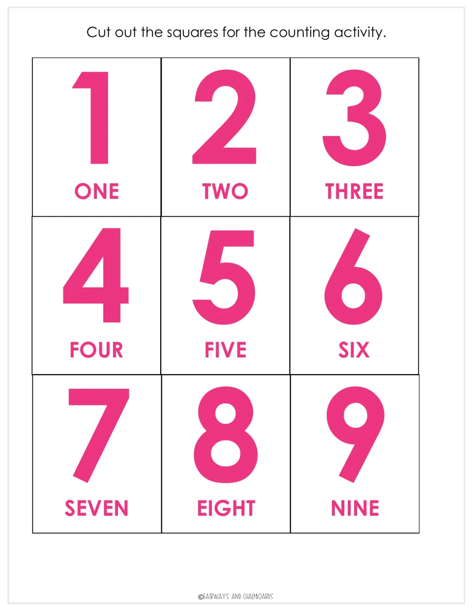 Counting activity cutouts show numerals 1–9 with number words one through nine for matching quantities