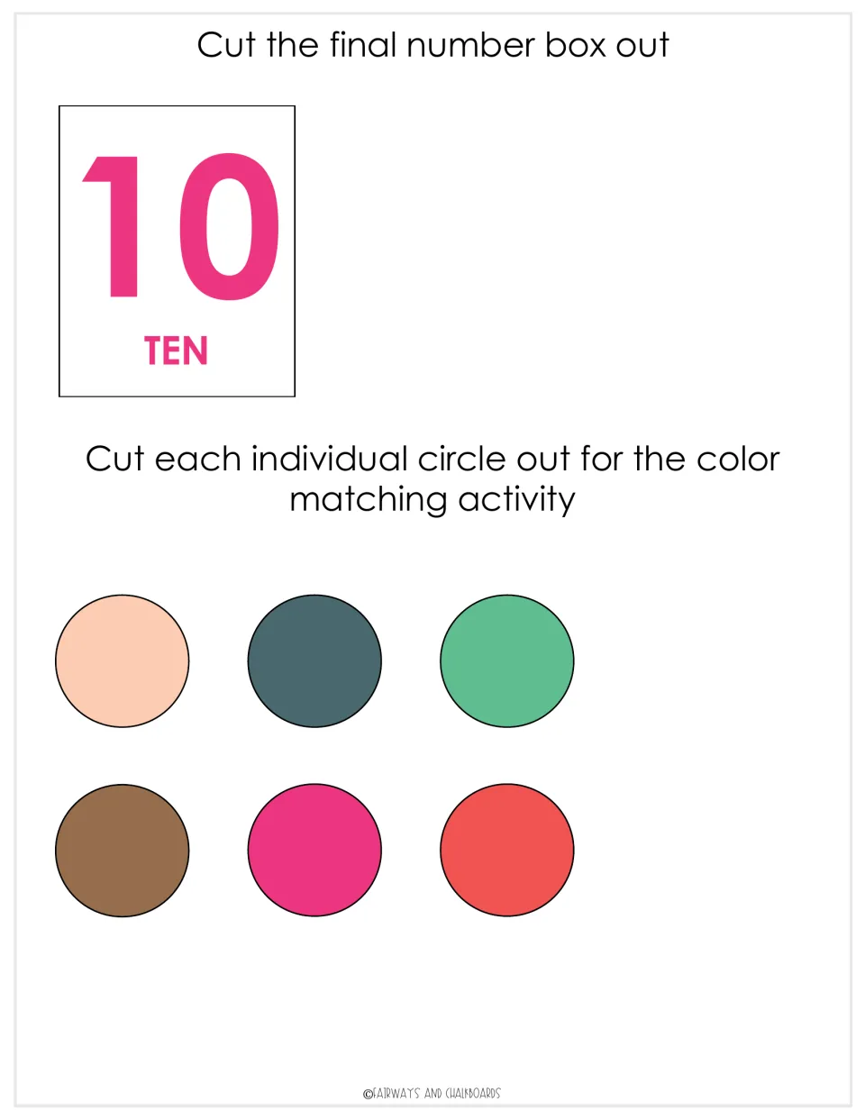 Final counting cutout shows 10 and 'TEN'; six colored circle cutouts complete the color matching activity