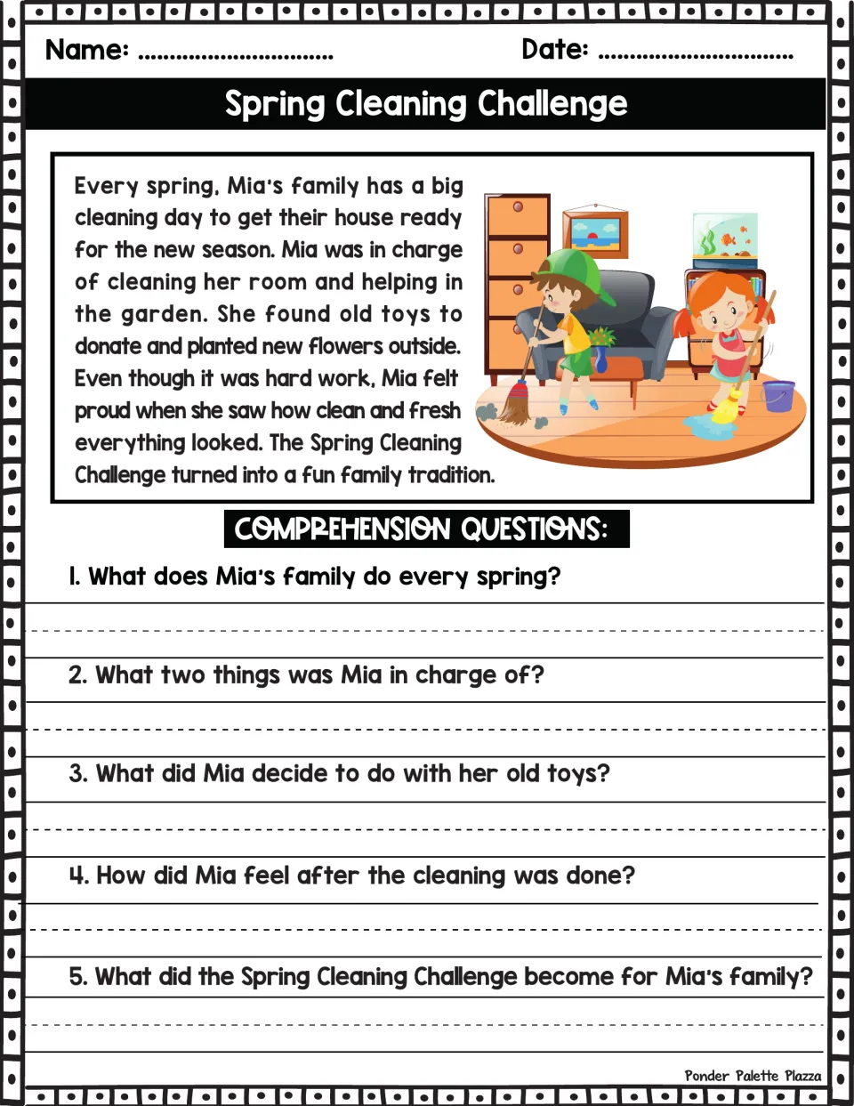Reading passage about Mia's spring cleaning day, followed by five questions about chores, donations, and feelings.