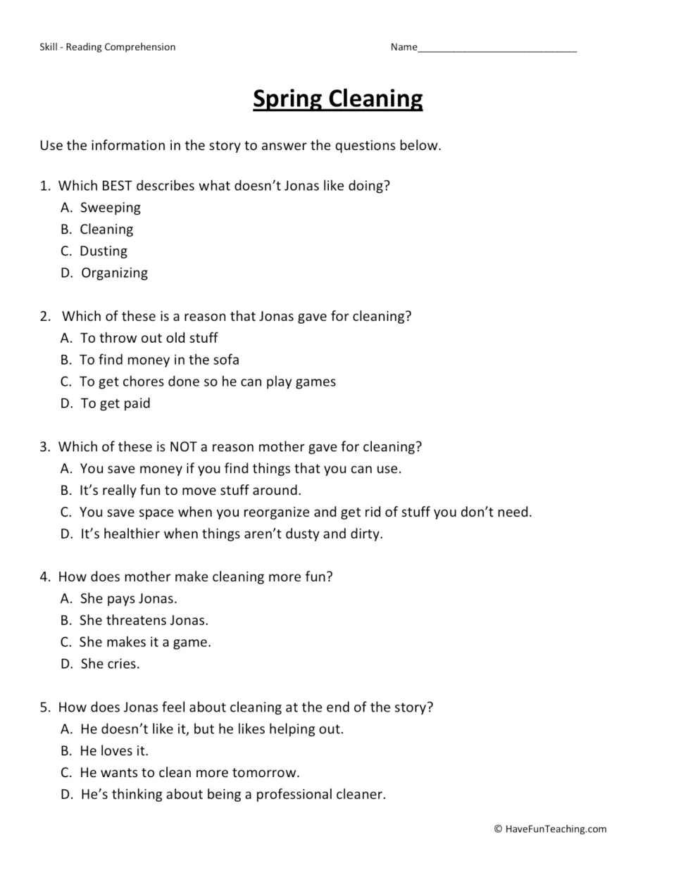 Five multiple-choice questions about Jonas's dislike of cleaning, reasons to clean, and his mother's game