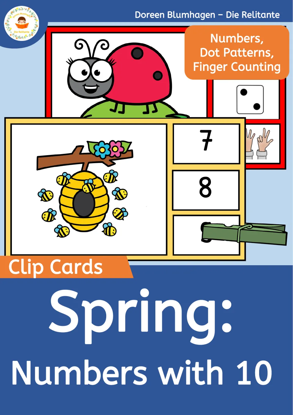 Spring counting clip-card cover showing sample cards for matching quantities to numbers, dots, and fingers