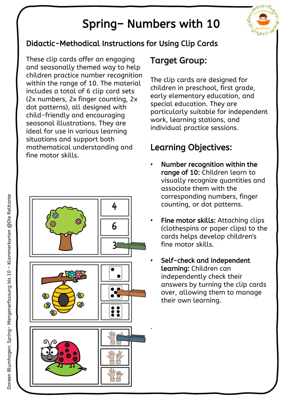 Clip-card teaching guide introduces six sets, the target group, number recognition, and fine motor practice
