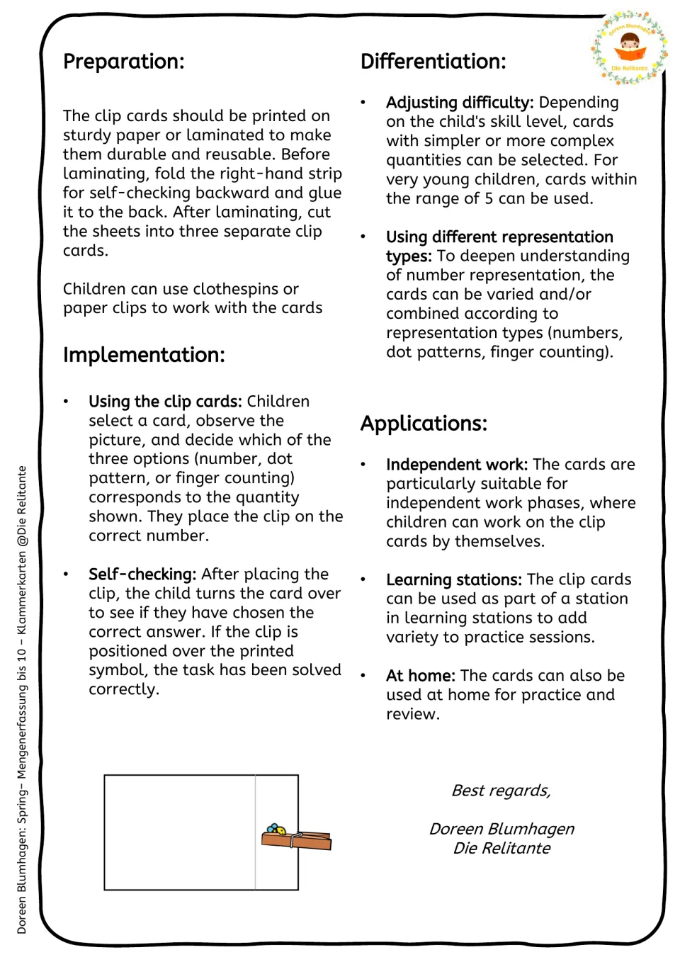Clip-card instructions explain preparation, choosing answers, self-checking, differentiation, and uses