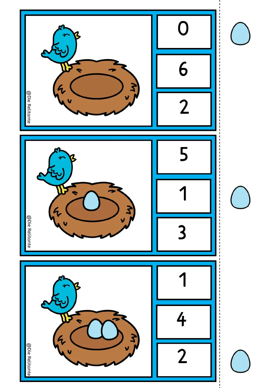 Nest counting clip cards for 0, 1, and 2 eggs, each offering three numeral choices and a self-check symbol