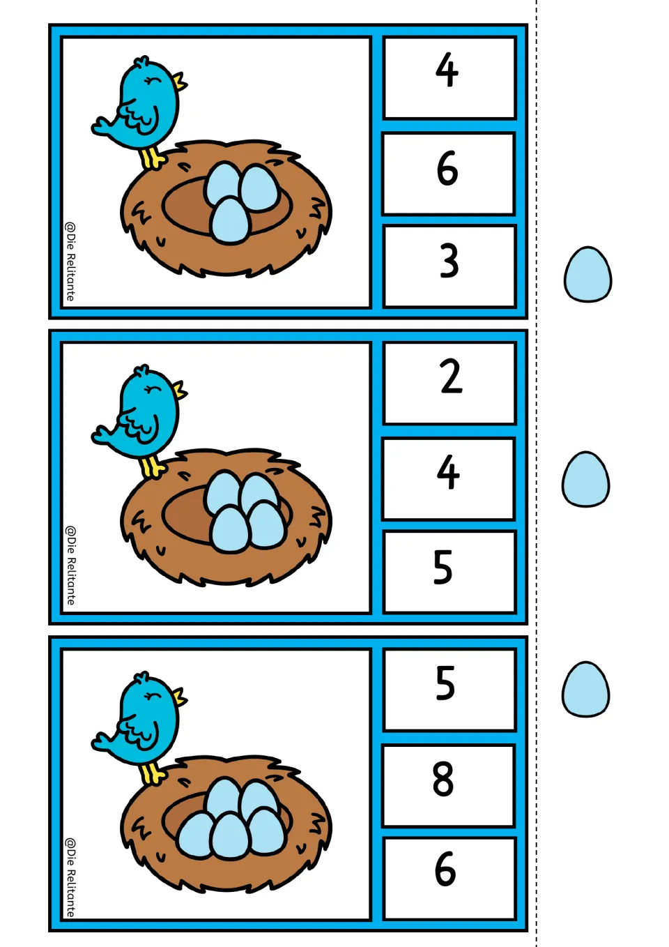 Nest counting clip cards for 3, 4, and 5 eggs, each offering three numeral choices and a self-check symbol