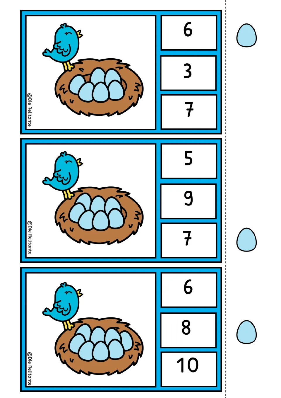 Nest counting clip cards for 6, 7, and 8 eggs, each offering three numeral choices and a self-check symbol