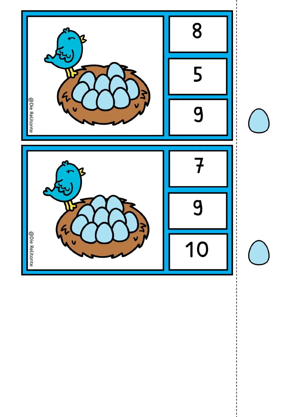 Nest counting clip cards for 9 and 10 eggs, each offering three numeral choices and an egg self-check symbol