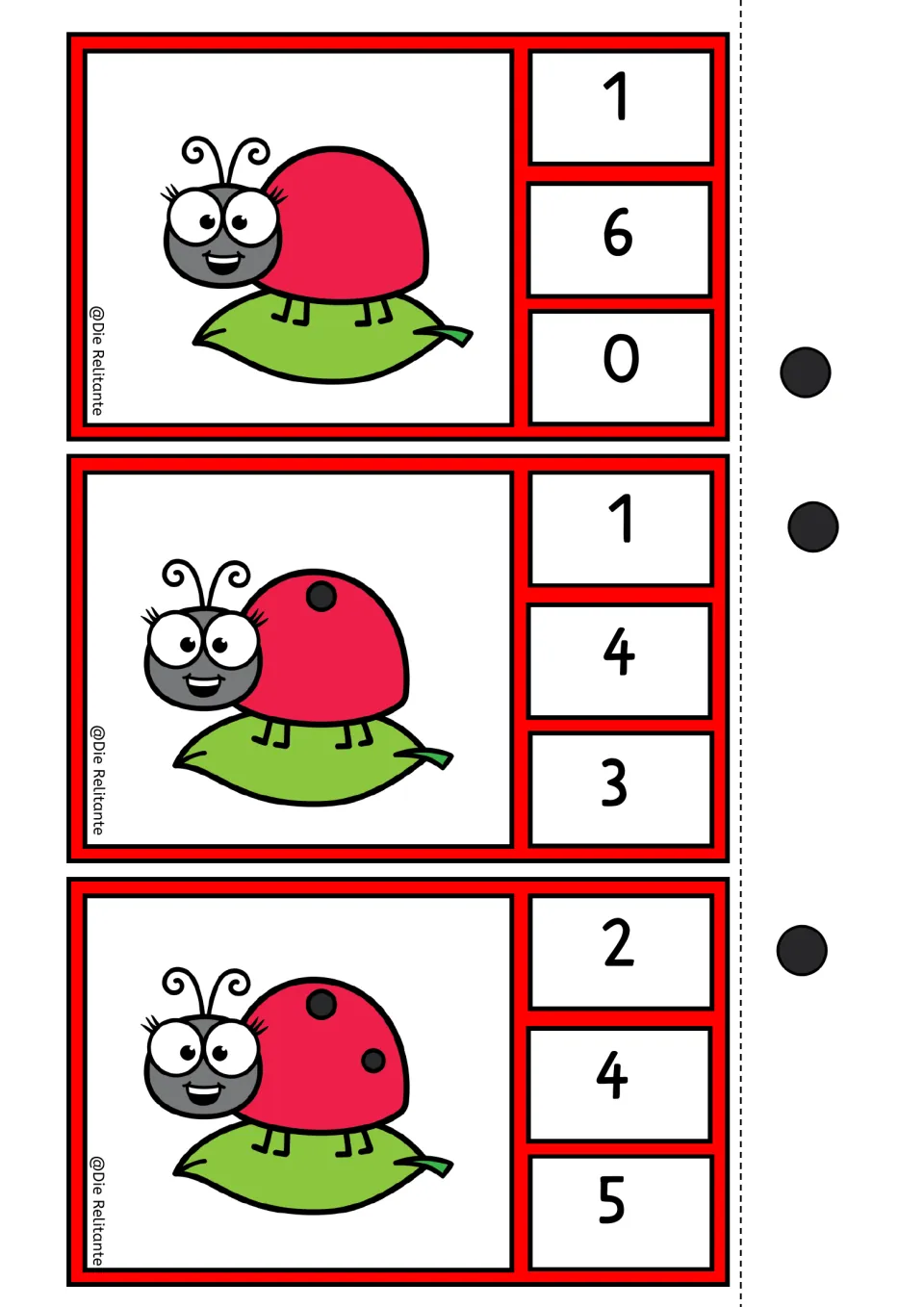 Ladybug counting clip cards for 0, 1, and 2 spots, each offering three numeral choices and a self-check dot