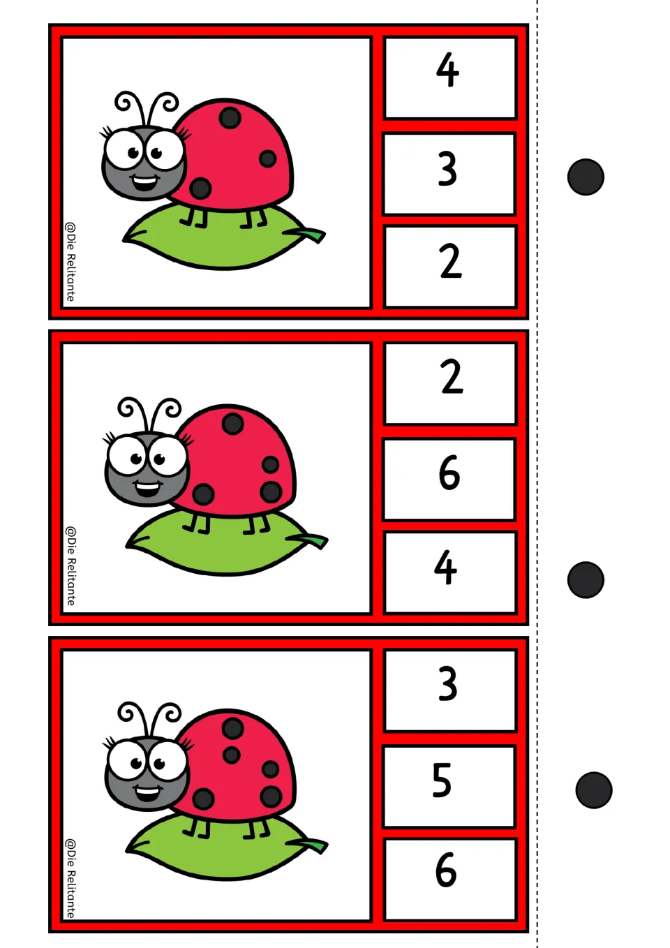 Ladybug counting clip cards for 3, 4, and 5 spots, each offering three numeral choices and a self-check dot