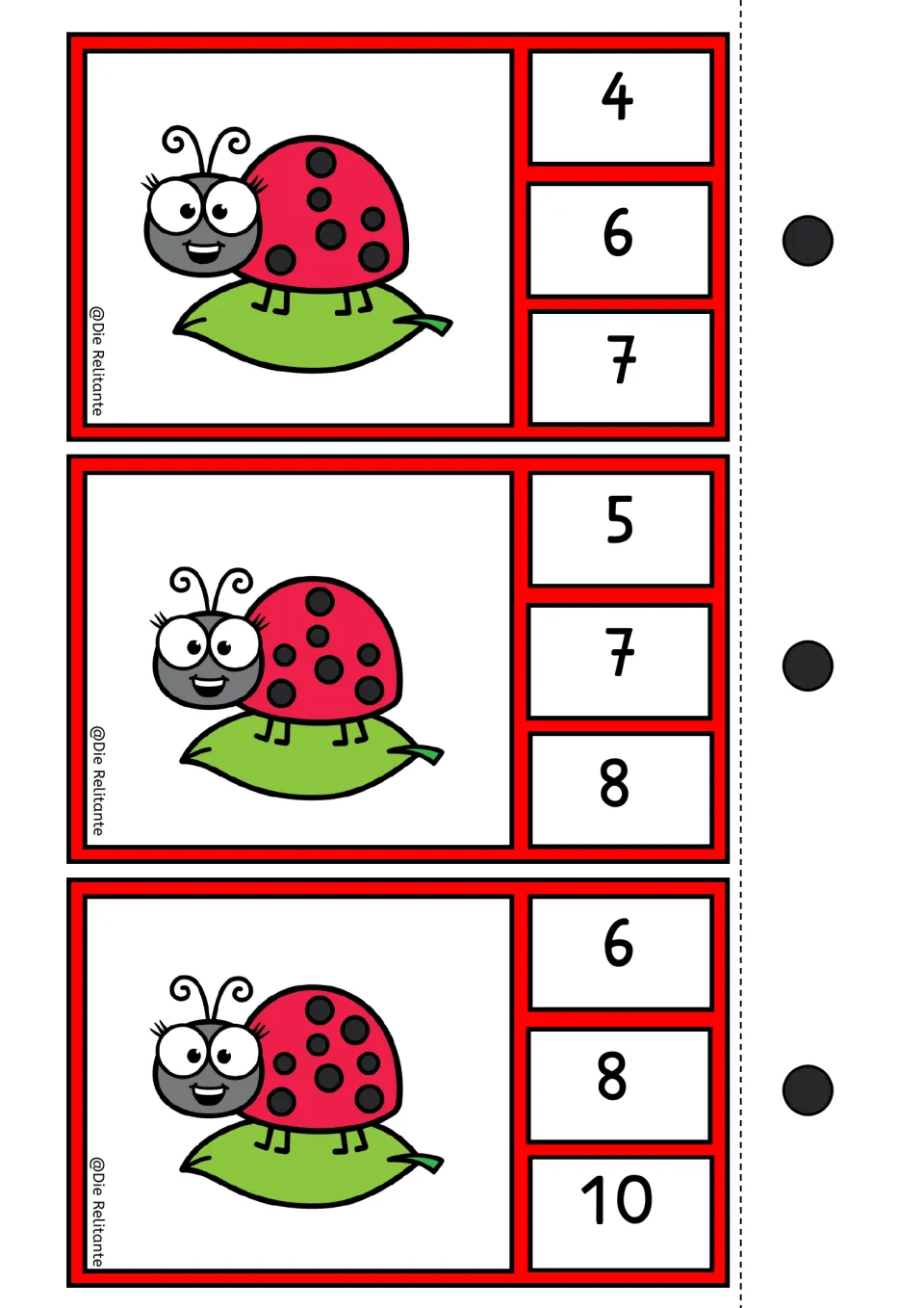 Ladybug counting clip cards for 6, 7, and 8 spots, each offering three numeral choices and a self-check dot