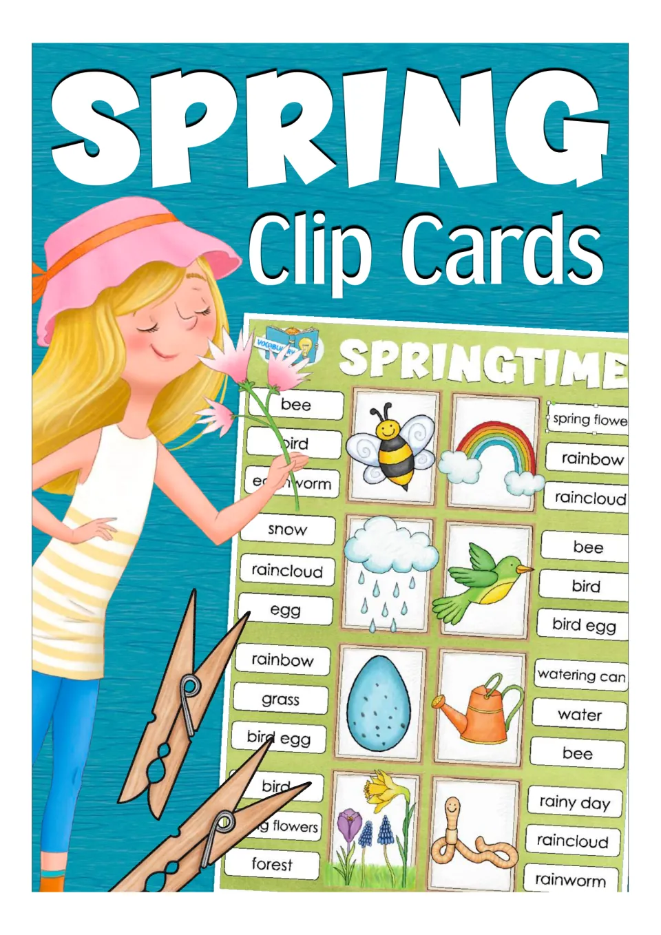Spring Clip Cards cover: a girl smells flowers beside a Springtime sheet of picture cards, word choices and clothespins