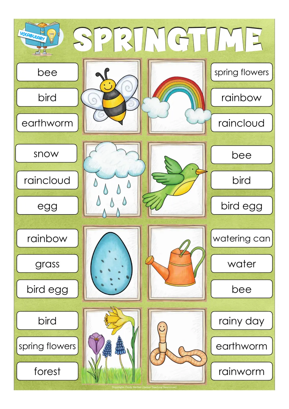 Springtime vocabulary cards: students clip the word naming each picture, such as bee, rainbow, bird egg and earthworm