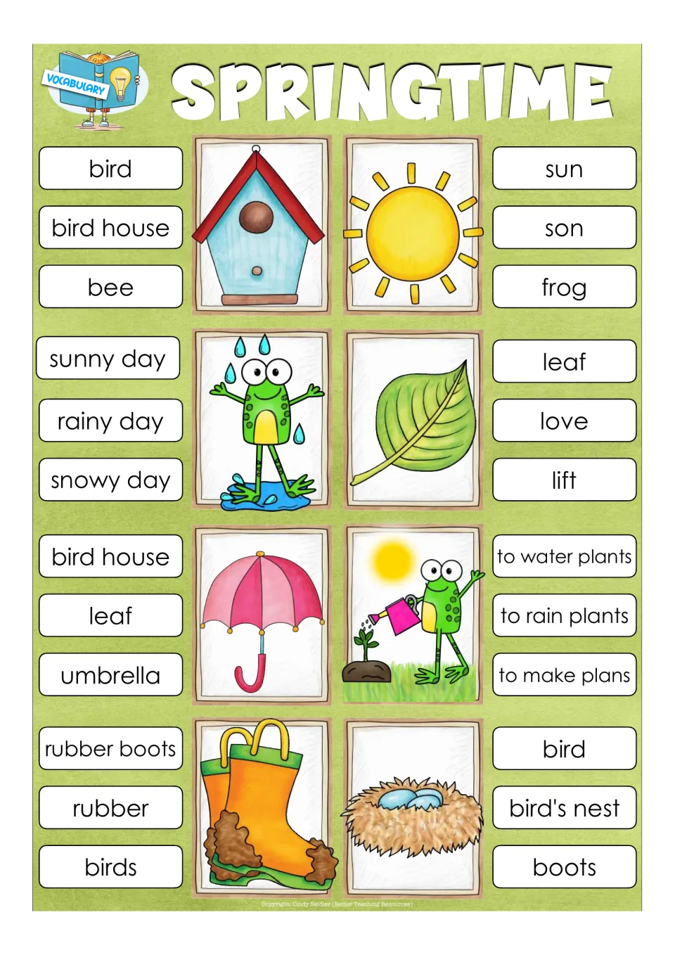Springtime vocabulary cards: students clip the matching word for pictures like bird house, sun, umbrella and boots