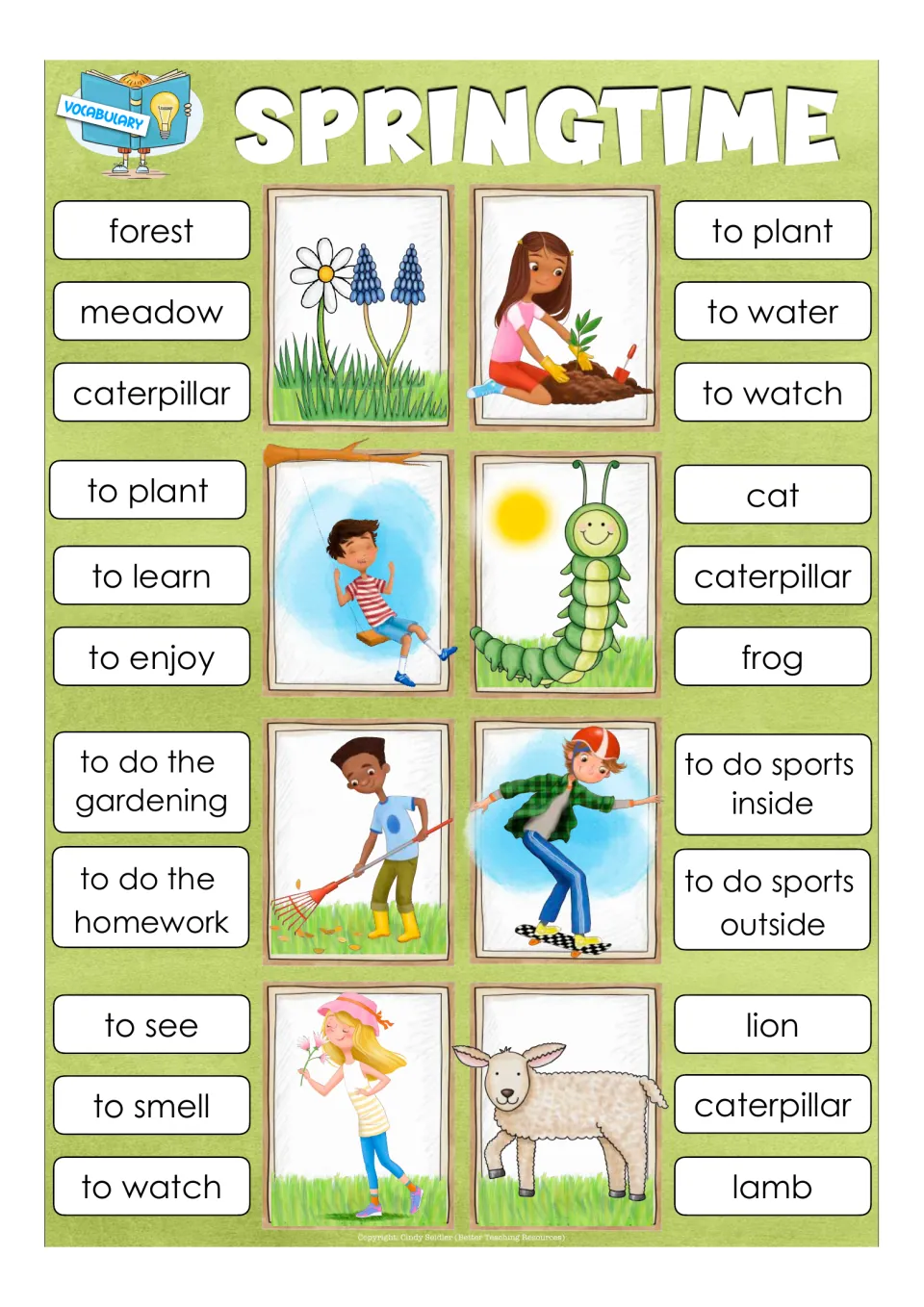 Springtime vocabulary cards: students clip action and nature words like to plant, to enjoy, to do the gardening and lamb
