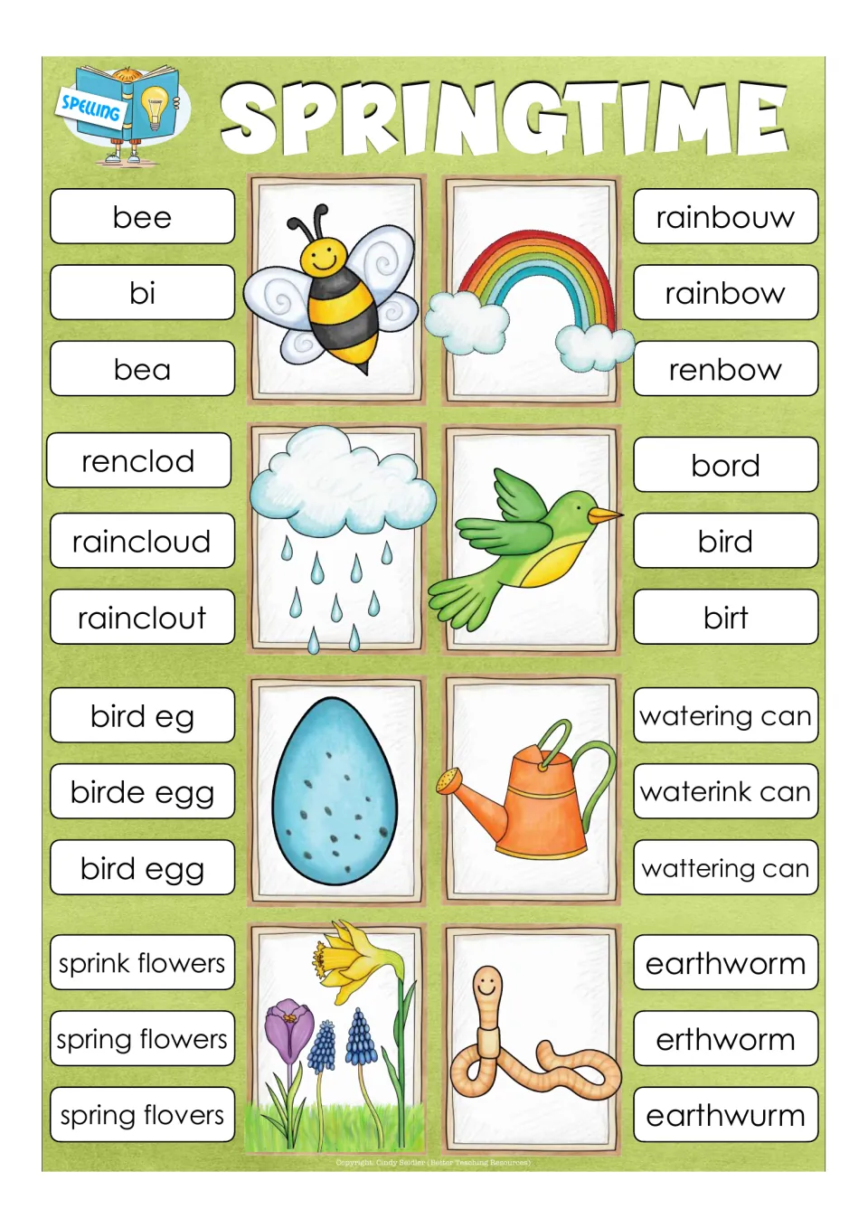 Springtime spelling cards: students clip the correctly spelled word, e.g. bee not bea, rainbow not renbow, bird not birt