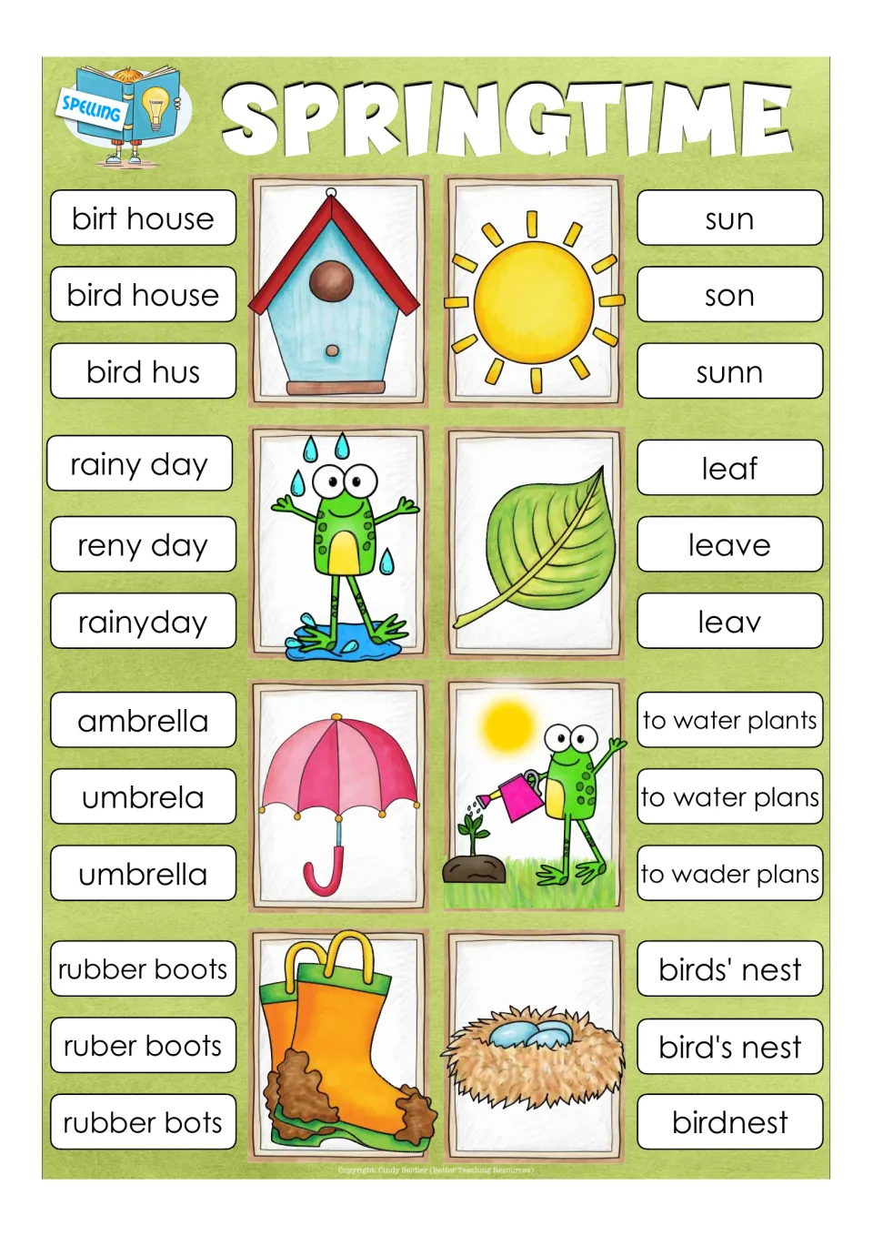 Springtime spelling cards: students clip the right spelling: bird house not bird hus, umbrella not umbrela, sun not sunn