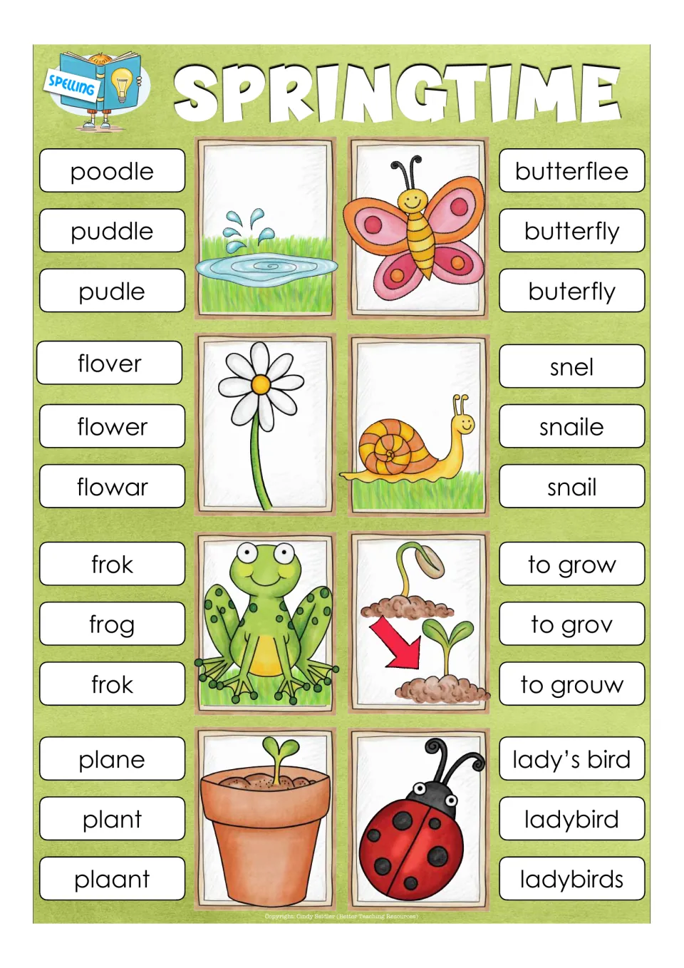 Springtime spelling cards: students clip the correct spelling: puddle not pudle, butterfly not buterfly, snail not snaile