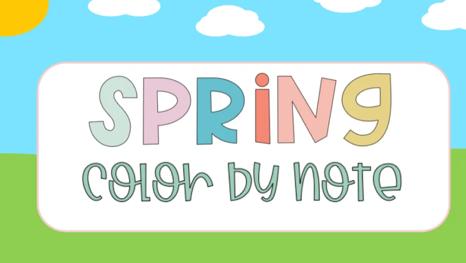 Cover of the interactive spring music coloring game, displaying the words 'SPRING color by note'.