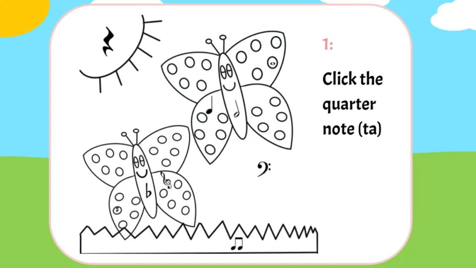 Question 1 asks students to click the quarter note (ta) in an uncolored scene featuring two butterflies.