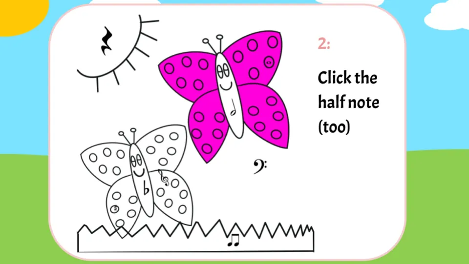 Question 2 asks students to click the half note (too); the larger butterfly now has bright pink wings.