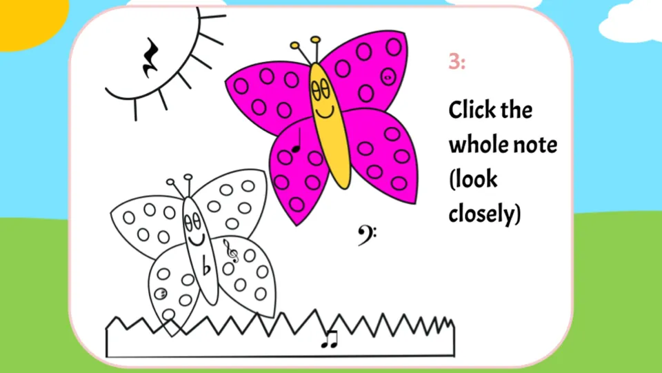 Question 3 asks students to find the whole note and look closely; the pink butterfly now has a yellow body.