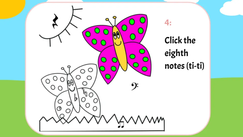 Question 4 asks students to click the eighth notes (ti-ti); the larger butterfly now has green wing spots.