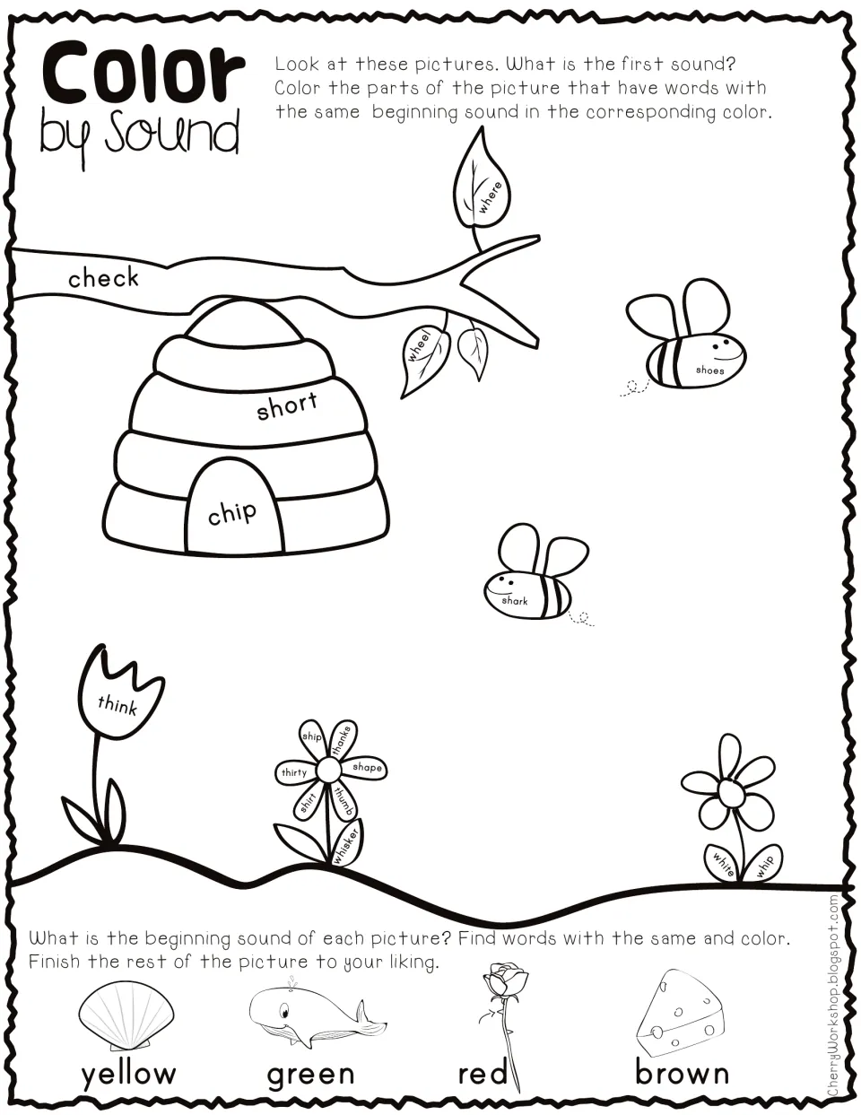 Beginning-sound coloring worksheet: match words such as check, short, think, and wheel to four color cues.