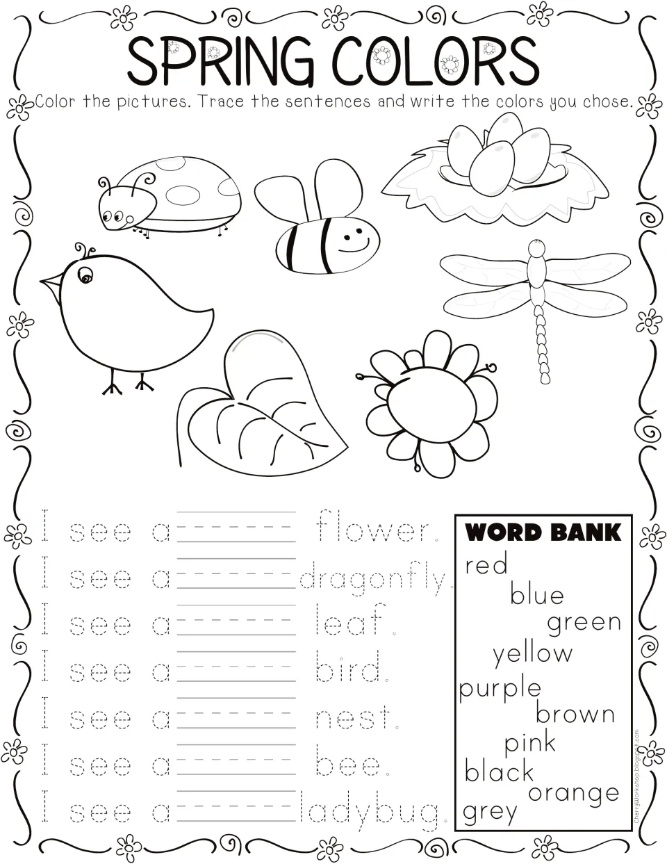 Coloring and tracing worksheet: seven spring pictures and 'I see a' sentences to complete with color words.