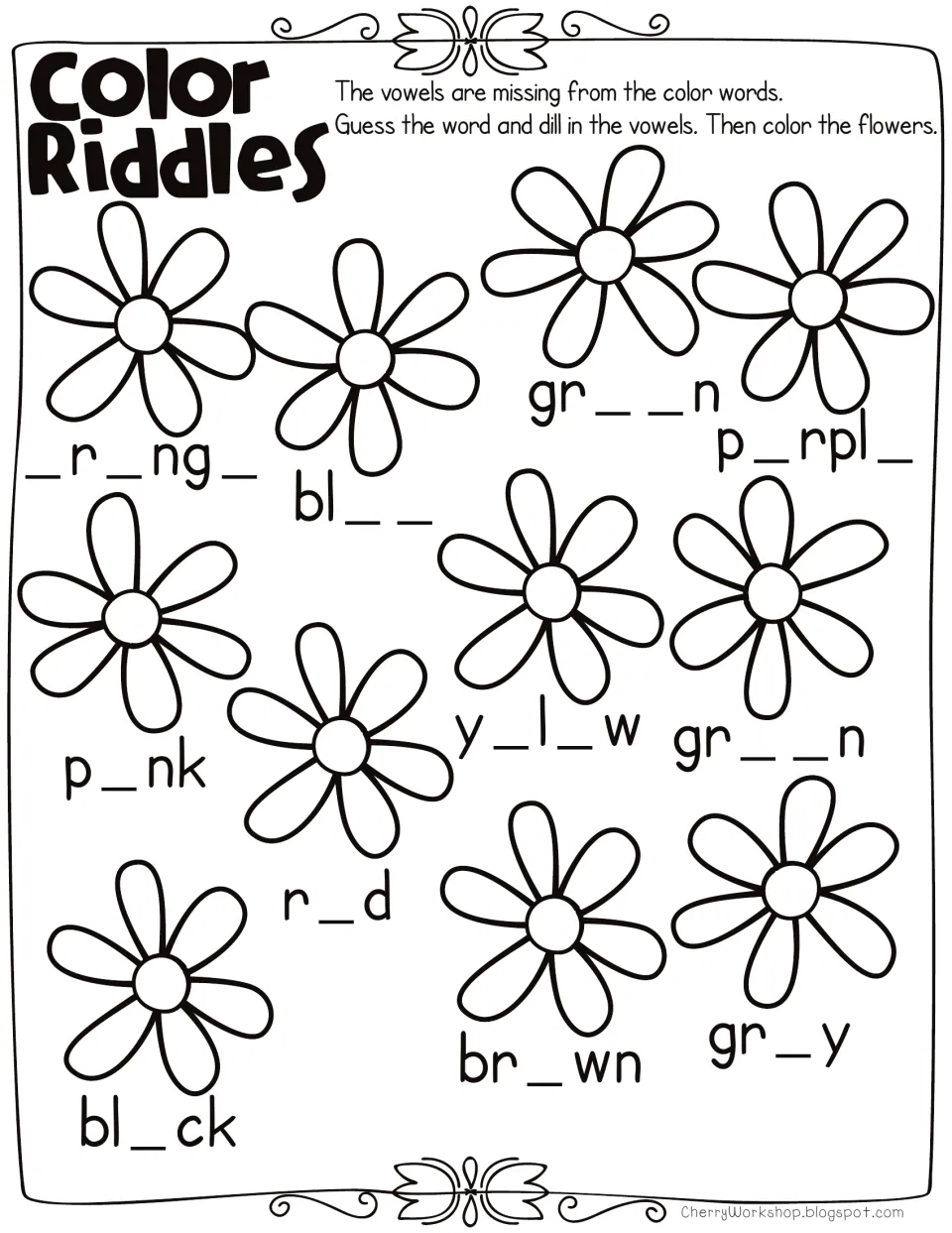 Color word riddles worksheet: ten flowers with missing-vowel words, including orange, blue, green, and purple.