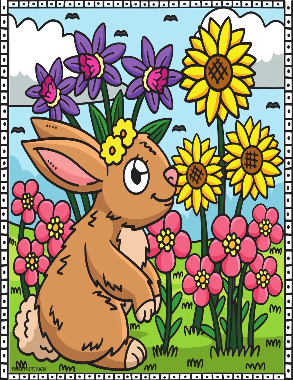 Spring coloring guide showing a brown rabbit among purple flowers, yellow sunflowers, and pink blossoms.