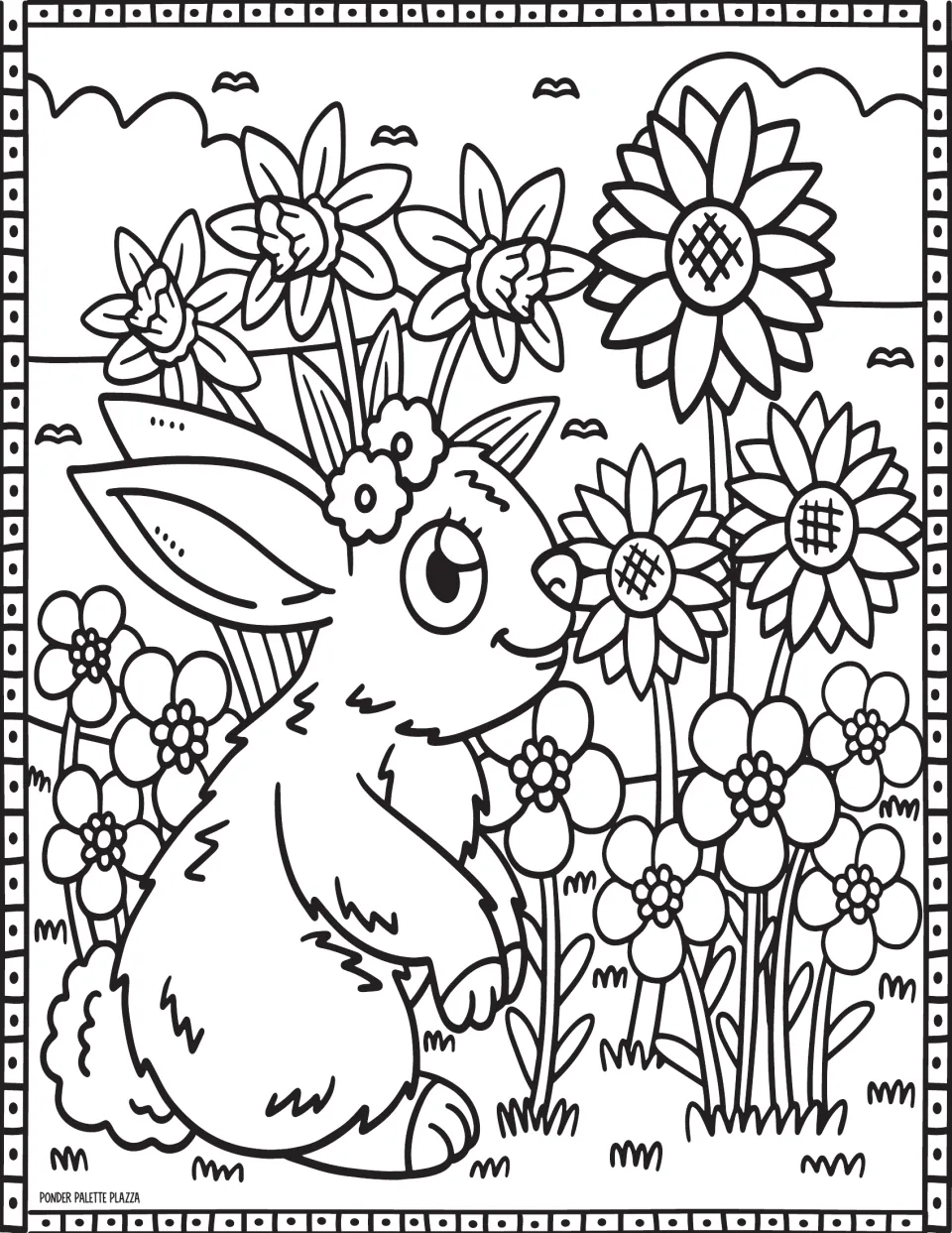 Spring coloring page for free coloring, showing a rabbit among sunflowers and other blooming flowers.