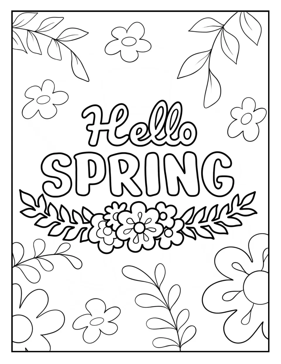 Hello Spring coloring page: children color the bubble-letter greeting, a floral garland, daisies and leafy branches