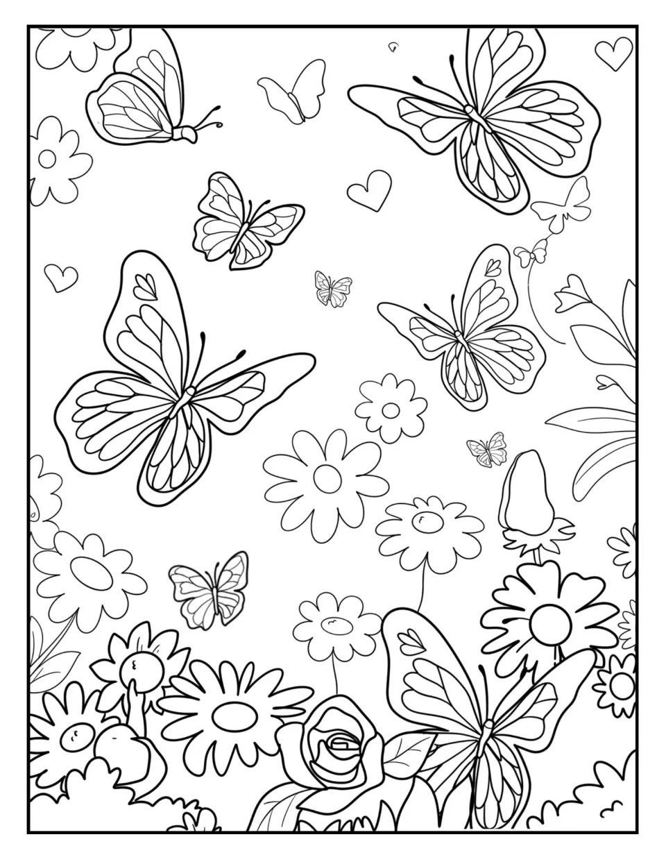 Butterfly garden coloring page: children color many butterflies of different sizes among daisies, a rose and small hearts