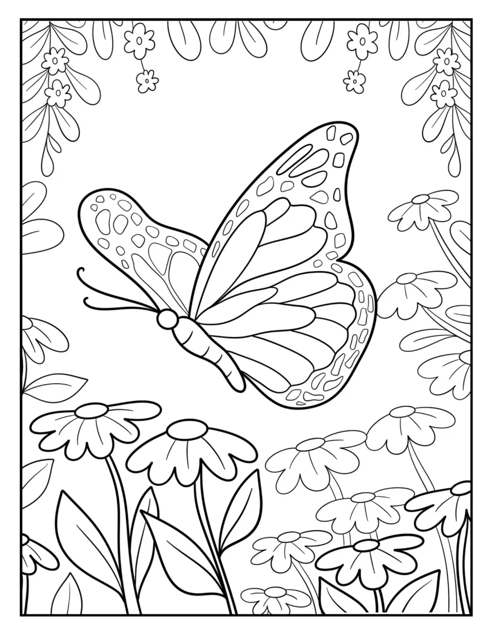 Butterfly in a meadow coloring page: children color one large spotted butterfly flying over daisies and hanging blossoms