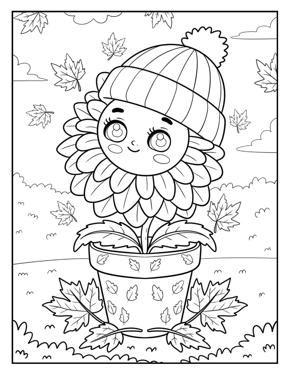 Smiling flower coloring page: children color a potted bloom wearing a pom-pom knit hat among falling maple leaves