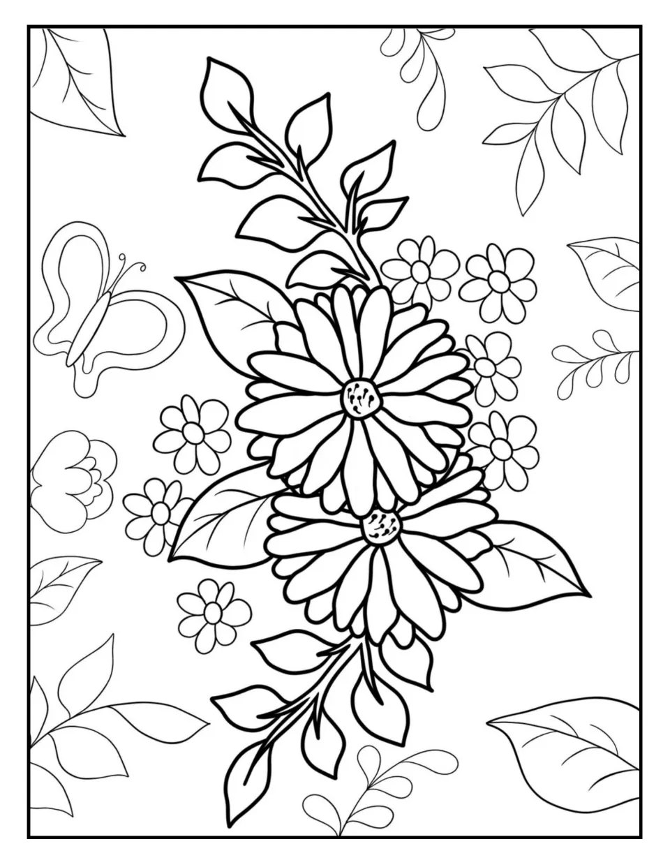 Daisy bouquet coloring page: children color two large daisies with small blossoms, leafy stems and a butterfly