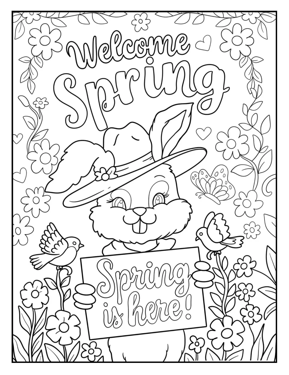 Welcome Spring coloring page: children color a bunny in a hat holding a 'Spring is here!' sign, with birds and flowers