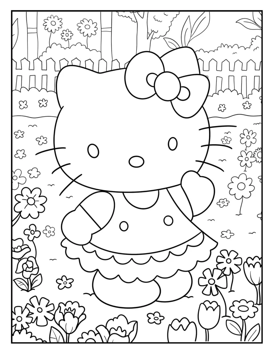 Garden coloring page: children color a cartoon cat in a bow and ruffled dress standing among tulips by a picket fence