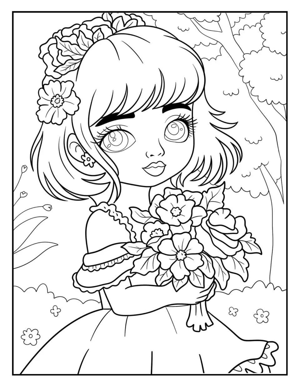 Girl with flowers coloring page: children color a girl with roses in her hair hugging a bouquet beside a large tree