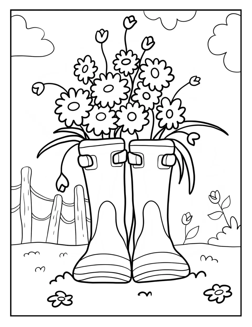 Rain boots coloring page: children color a pair of rubber boots filled with daisies and tulips beside a wooden fence