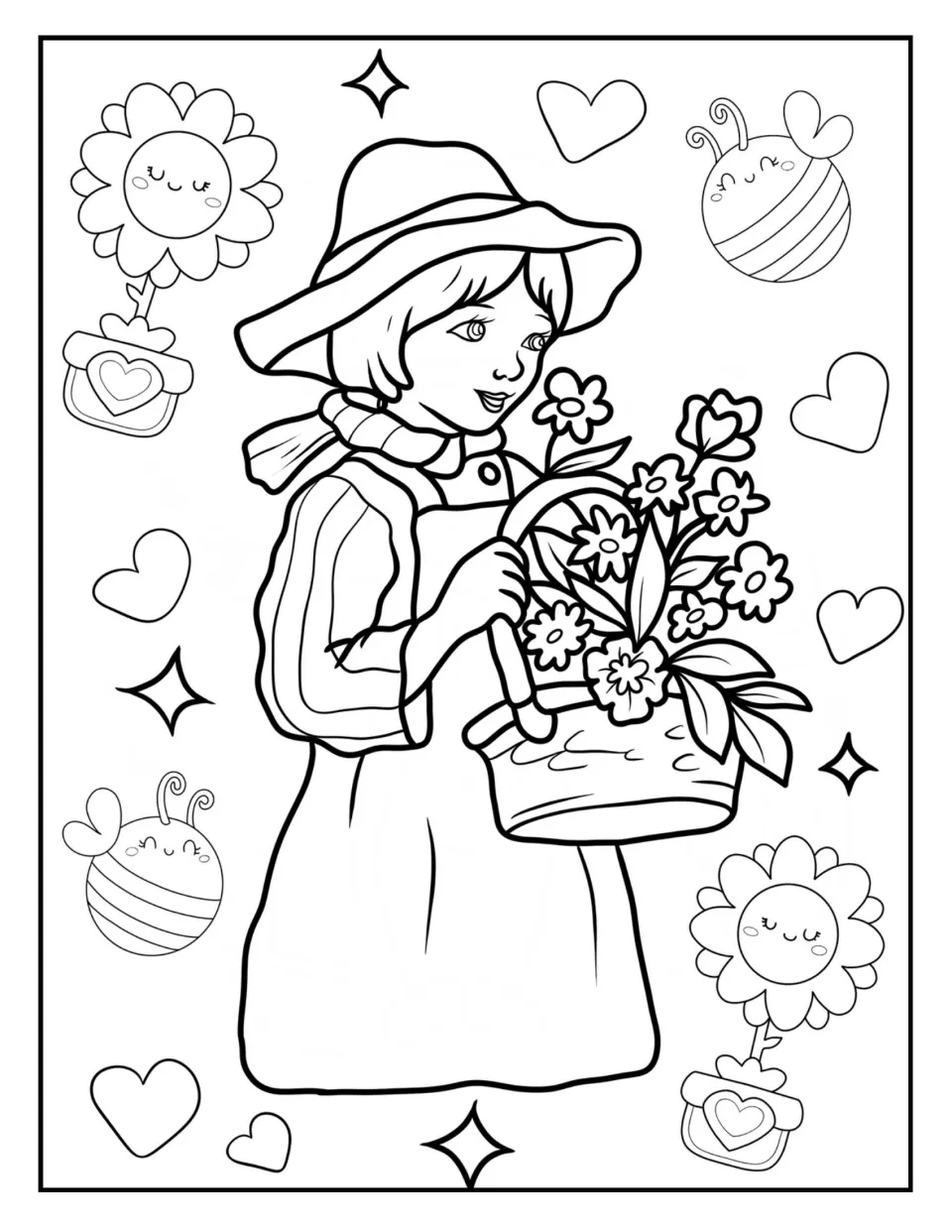 Flower basket coloring page: children color a girl in a hat carrying blooms, framed by smiling flowers, bees and hearts