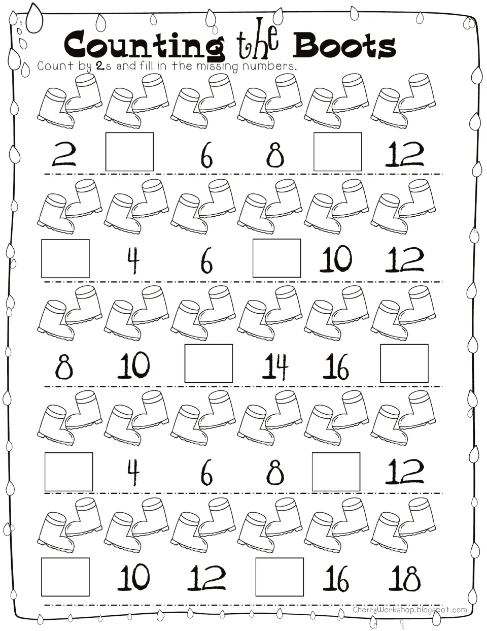 Counting the Boots: students skip count by 2s, writing the missing numbers under pairs of rain boots in sequences up to 18
