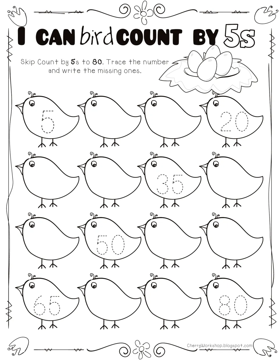 Skip counting by 5s to 80: students trace 5, 20, 35, 50, 65 and 80 on 16 birds and write the missing numbers