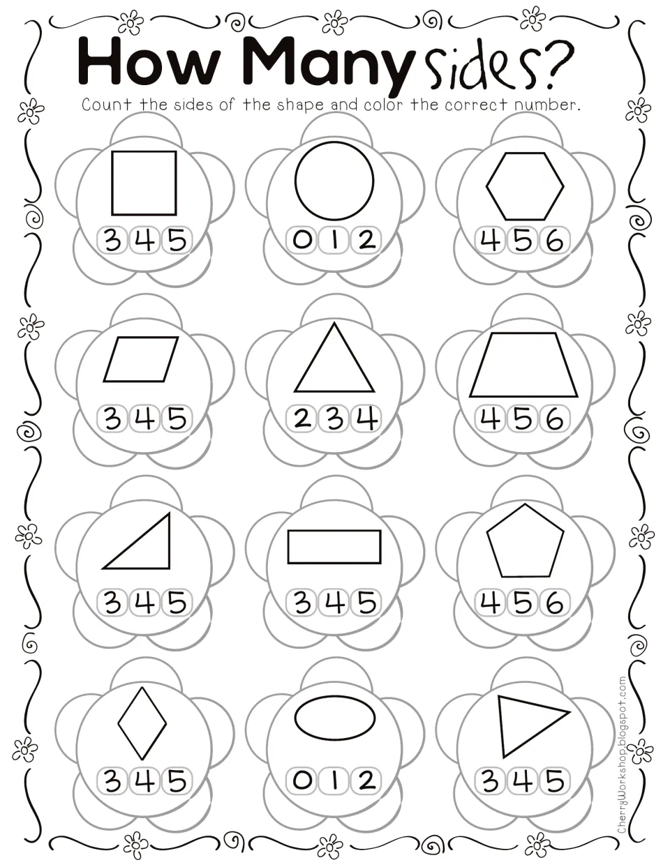 How Many Sides?: students count the sides of 12 shapes on flowers, from circle to hexagon, and color the matching number
