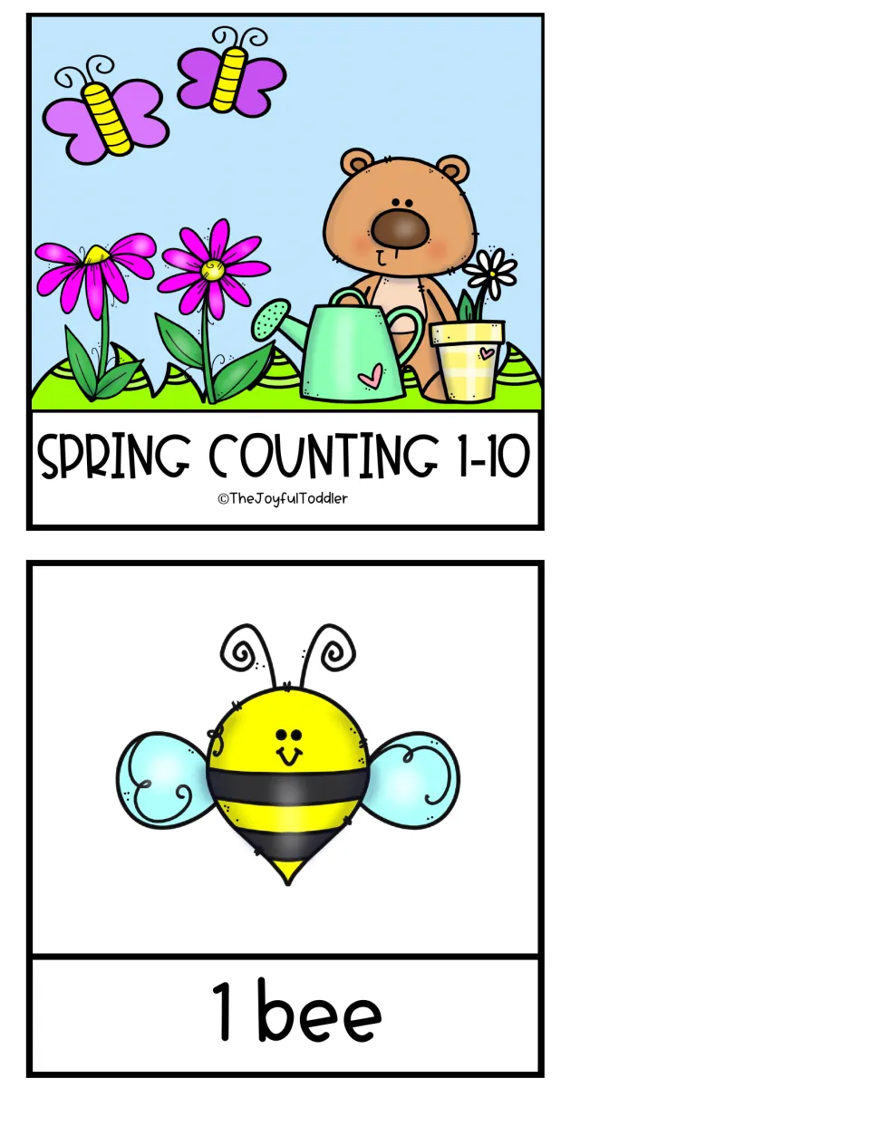 Spring Counting 1-10 cover card with a bear, flowers and butterflies, plus the first page where children count 1 bee