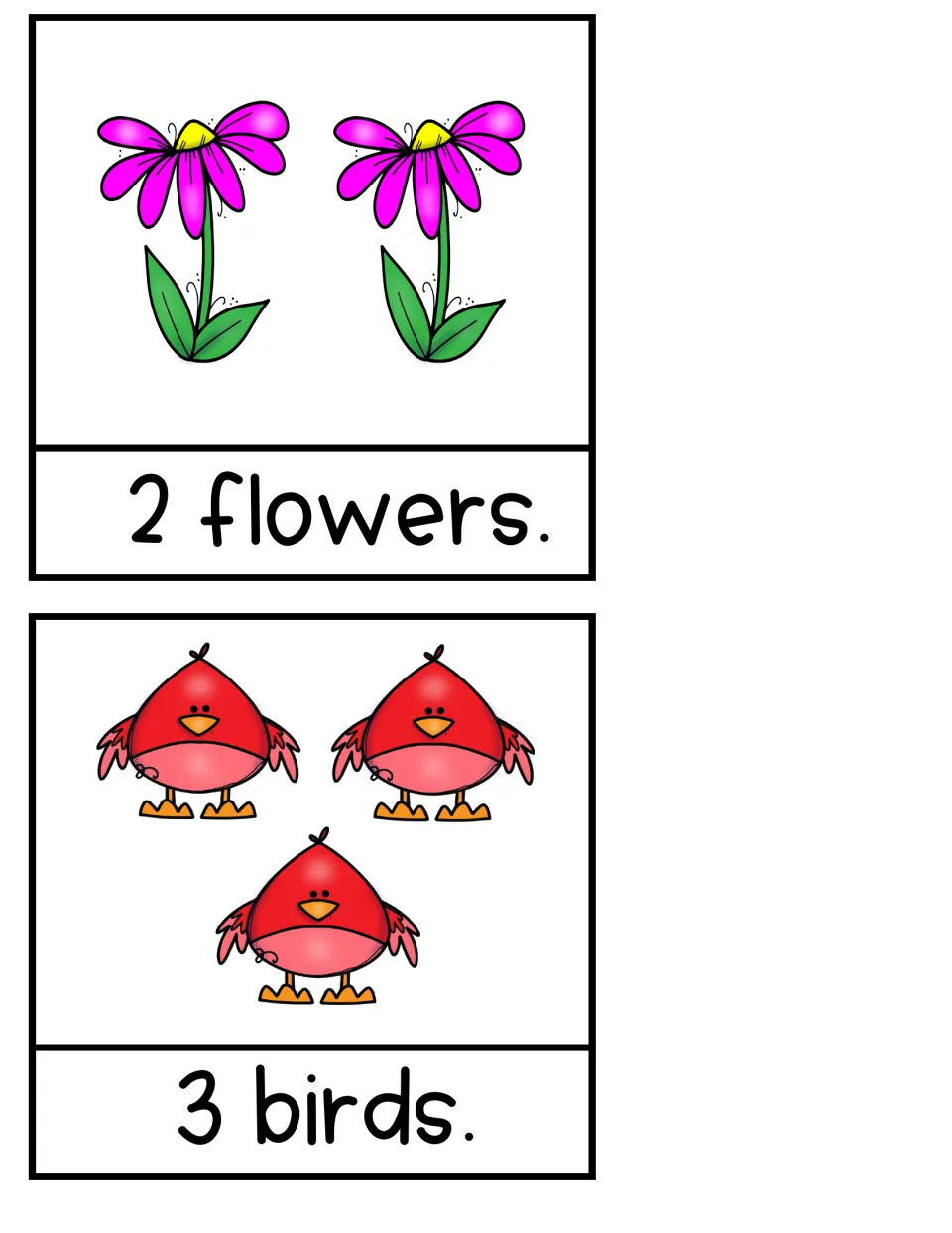 Counting book pages for numbers 2 and 3: children count 2 pink flowers and 3 red birds, each matched to a numeral label
