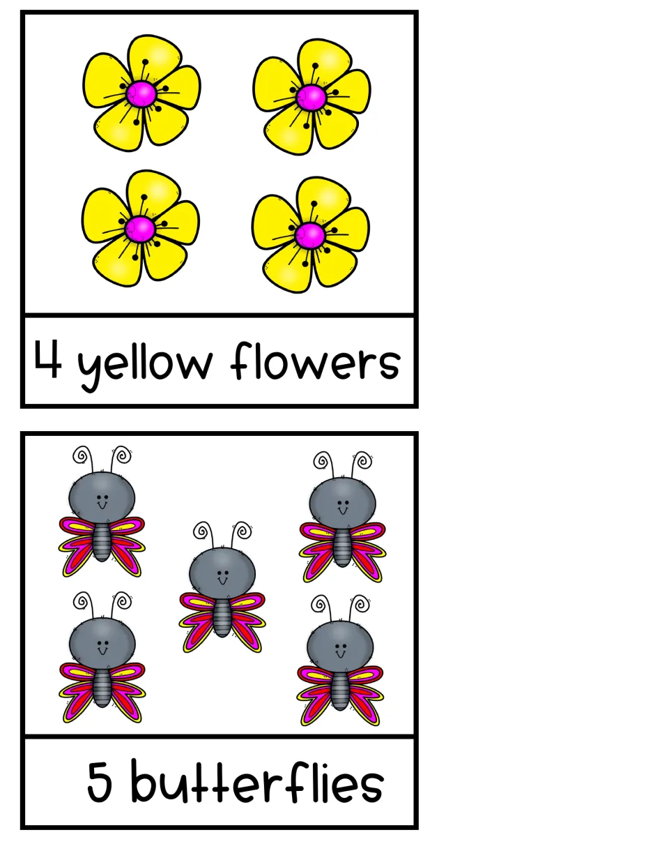 Counting pages for 4 and 5: children count 4 yellow flowers and 5 smiling butterflies, connecting each set to its numeral